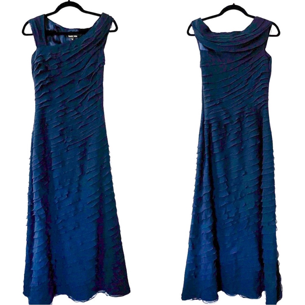 Tadashi Shoji Sleeveless Tiered Ruffled Evening Maxi Gown Navy Size 8